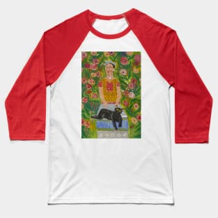 Frida Kahlo and Her Black Cat among Roses Baseball T-Shirt